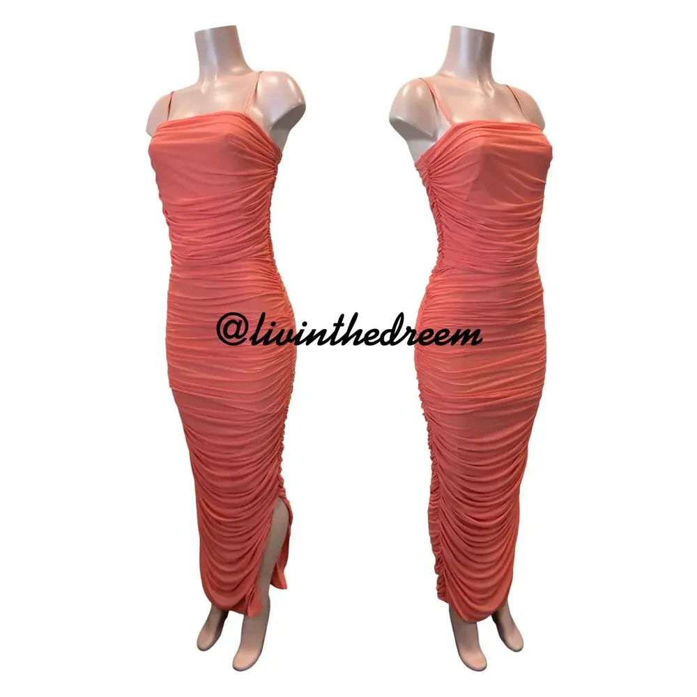 Venus Coral Ruched Bodycon Side Slit Maxi Dress SZ M
